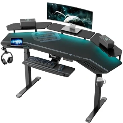 Imagen de EUREKA ERGONOMIC Altura Ajustable Mesa Gaming con Bandeja para Teclado, Escritorio Grande de 182,7 x 76 cm, estantes LED Convertibles, Motor Dual eléctrico, diseño Ranura