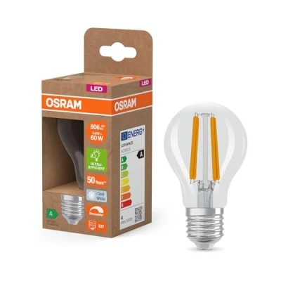 Imagen de OSRAM Energy Class con forma de bombilla clásica, 3,8 W / 806 lm, EEK A, luz blanca fría (4000 K), CRI 80, fabricada en vidrio transparente sin plomo, casquillo E27, IP20, 60 mm DM, 6 embalar