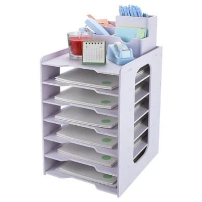 Imagen de IOUGDSEC bandeja organizadora de escritorio con bandejas archivo, papel 7 niveles soporte para bolígrafos oficina, organizador A4,
