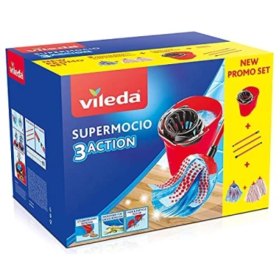 Imagen de Vileda SuperMocio Box, Sistema para Fregar Suelos, Juego con escurridor, 2 Copos de Microfibra &amp; Power, 1 Lazo 3Action, Mango 3 Piezas, ‎Rojo