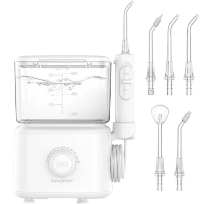 Imagen de Sawgmore Irrigador Dental, Bucal con 5 Boquillas Multifuncionales, Capacidad de 600ML, 10 Ajustes Presión del Agua, Limpieza Dientes para Cuidado Dental Familiar (Blanco)