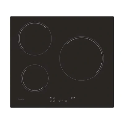 Imagen de Candy CH63CC, Placa Vitrocerámica, 3 Zonas, 60CM, 10 Niveles de Potencia, 5,5KW, Mandos Centrales, Bloqueo Seguridad, Indicador Calor, Alerta Sobrecalentamiento y Derrames, Negro