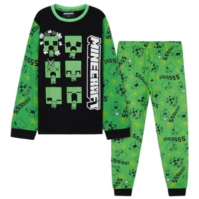Imagen de Minecraft Boys Long Sleeves Top and Bottom Set, Cotton 2 Pieces Boy Set (Verde/Negro, 9 10 años)