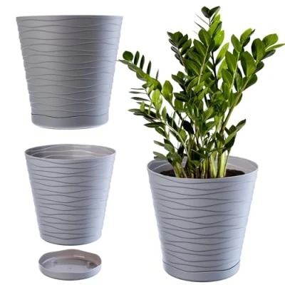 Imagen de KADAX Maceta con platillo, Redondo, para Flores, Plantas, casa, macetero (17 cm, Gris)