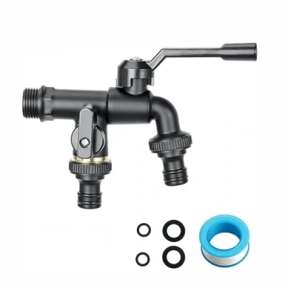 Imagen de QHENS Grifo Jardin Doble Salida, de Exterior Latón, 1/2 Entrada y 2 x 3/4 para Fregadero Lavadora, Negro