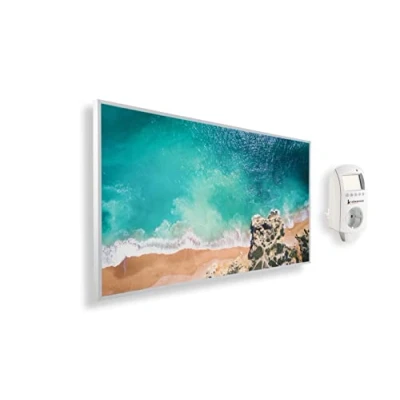 Imagen de Könighaus Calefactor por Infrarrojos con Cuadro, 1000 Vatios + Termostato Inteligente y Aplicación Estufa de Pared Bajo Consumo TÜV/GS Marco Blanco (15. Playa paradisíaca 2)