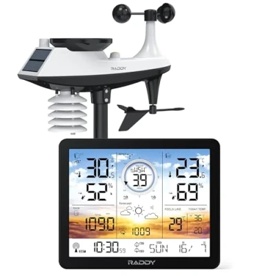 Imagen de Raddy AG7 Estación meteorológica inalámbrica con sensor exterior, termómetro, higrómetro, pantalla digital de 7,4 pulgadas DCF, monitor temperatura y humedad previsión barómetro