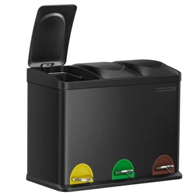 Imagen de SONGMICS Cubo Triple para Cocina, Basura de Reciclaje, Pedal, Metal 45 L, Sistema Separación Residuos 3 x 15 con Tapa, Acero, Negro LTB45B