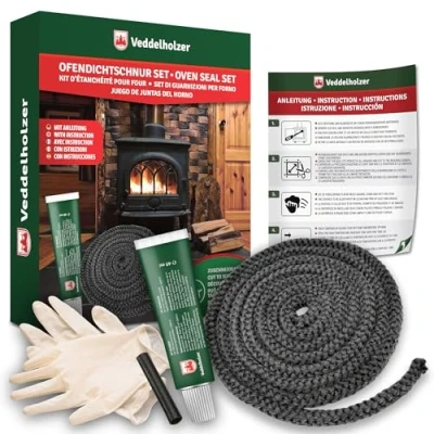 Imagen de Juego completo Veddelholzer Ø 12mm cinta de sellado, sello hornos, cordón para estufas, hornos y accesorios chimeneas Incl. adhesivo alta temperatura, guantes, manguitos e instrucciones.