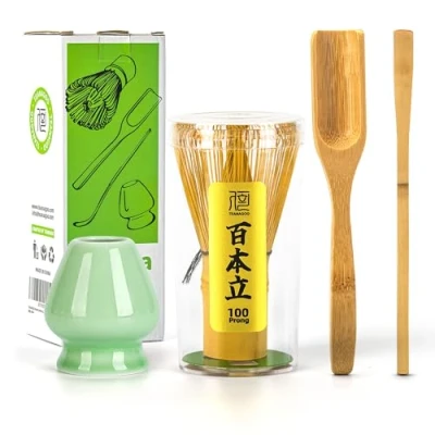 Imagen de TEANAGOO Accesorio para la Ceremonia Japonesa del Matcha, Batidor de Matcha (Chasen), Cuchara Bambú (Chashaku), Té, Soporte Celadón Verde,TG I1, El Set Perfecto