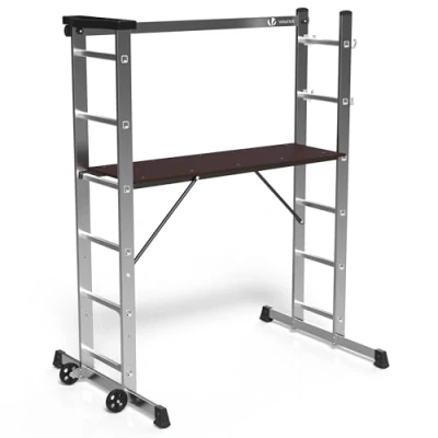 Imagen de VOUNOT 3 en 1 Andamio de Aluminio Multipropósito, Escalera Combinación y Plataforma Trabajo, con 6 Peldaños Ruedas, Carga máxima 150 kg