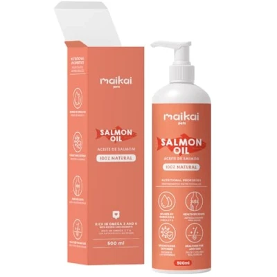 Imagen de MAIKAI Aceite de Salmon para Perros y Gatos 500 ml 100% Natural Puro Fuente Omega 3 6 Antiinflamatorio Piel Sana Pelo Brillante Vitaminas Calcio Articulaciones Defensas