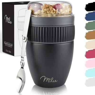 Imagen de Milu Taza para muesli to go 400ml acero inoxidable I Vaso con 2 Partes sopas ensaladas Pasta yogur postres aso de a prueba derrames cuchara (Negro)