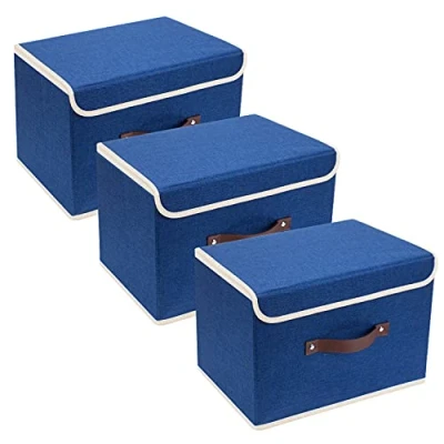 Imagen de TYEERS Cajas de Almacenaje con Tapa, Tela, Lavable, Organizadoras, 38x25x25 cm, Juego 3, Azul