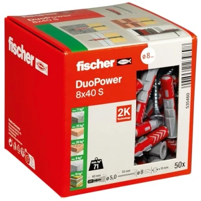 Imagen de fischer DUOPOWER 8 x 40 S, tacos y tornillos para pared universales de seguridad, 2 componentes plástico fijación en hormigón, ladrillo, piedra, cartón yeso, (50 + 50 tornillos)