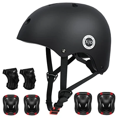 Imagen de XJD Casco de Ciclismo para Niños y Protecciónes Infantiles Incluye Rodilleras,Coderas Muñequeras con Certificación CE,Adjustables 7 Piezas Patínes Patinete 3 a 8 Años(Negro S)