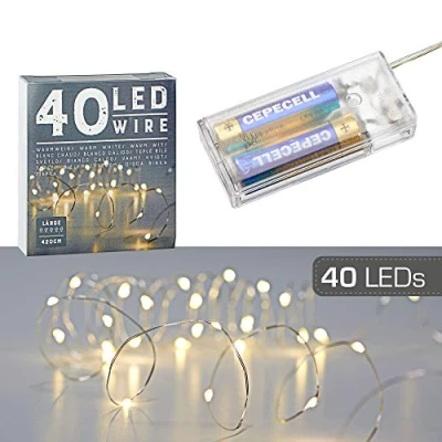Imagen de Cepewa Guirnalda de luces micro alambre, estrella, luz blanca cálida, plateada, con pilas, iluminación decorativa para Navidad, temporizador (1 x 40 LED microalambre)