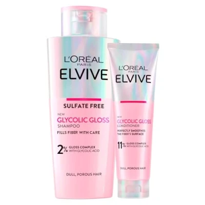 Imagen de L&#039;Oréal Paris Elvive Gloss Glicólico 200ml Champú + 150ml Acondicionador con Ácido para cabellos porosos y apagados 2 Frascos