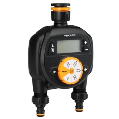 Imagen de Fiskars Programador/Timer con 2 salidas, Para todos los tamaños de grifo habituales, Pantalla LCD fácil lectura, Tamaño universal, 580 g, Negro/Naranja, 1054792