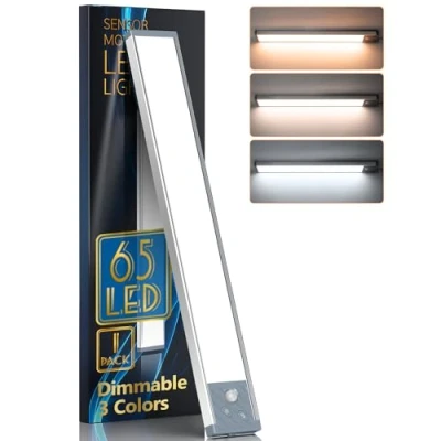 Imagen de HIBOITEC 33.5CM Luz de Armario con Sensor Movimiento, 65LED LED Adhesiva Pilas, 3 Modos iluminación Lampara Magnética para Armario, Gabinete, Cocina, Color Temperaturas