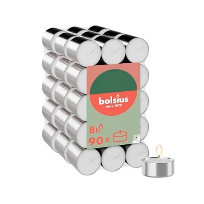 Imagen de Bolsius Paquete grande de Velas té 90 unidades 8 horas combustión blanco duración decorativas para el hogar Sin aceite palma Quema limpia