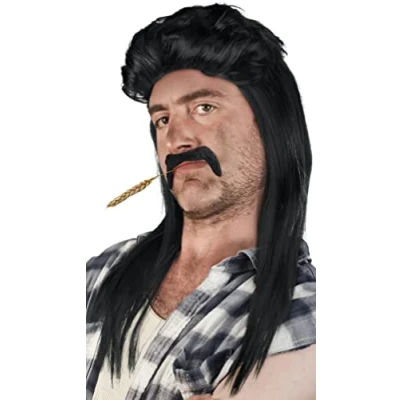Imagen de SET con Peluca Mullet + Barba Proll Pimp Rubio Morena Gris Negro (Negro Barba)