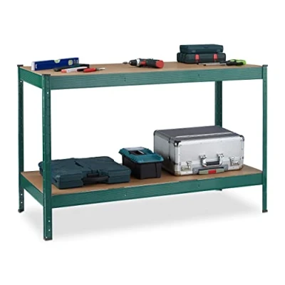 Imagen de Relaxdays Werkbank 2 Ebenen Mesa de Trabajo, 600 kg, Banco Taller, 91 x 141 61 cm, Niveles Regulables, Estante Acero y MDF, Verde, Tablero Fibras