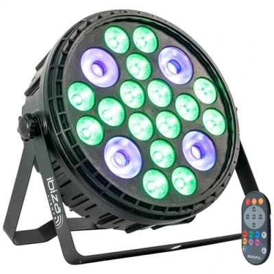 Imagen de Ibiza BIGPAR 16RGBW4UV Proyector PAR XXL 16 LEDs RGBW Multicolor + 4 UV luz negra 12 canales DMX E fecto estroboscópico y dimmer Mando a distancia Fiesta, escenario, espectáculo, evento