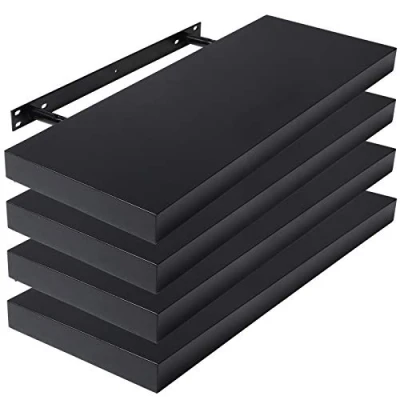 Imagen de Lestarain Juego de 4 Estante Balda Flotantes Pared Madera 60cm Estanteria Negra Libreria Repisas Invisibles Decorativo CD para Salon Dormitorio Cocina