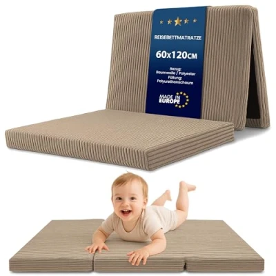 Imagen de Totsy Baby Colchón Plegable colchon Cuna 120 x 60 cm con Funda de Viaje Transpirable Marrón