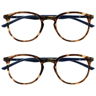 Imagen de OPULIZE Met Gafas de Lectura Pack 2 Montura Redonda Marrón Carey Azul Resistente a Arañazos Bisagras Muelle Ordenador Gaming Antirreflejante Hombre Mujer RR60 +1.00