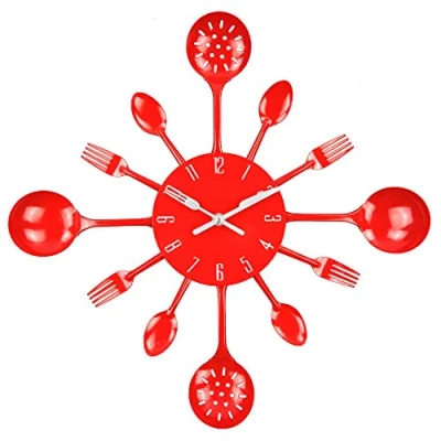 Imagen de Reloj de Cocina Efecto Espejo con diseño Cuchara, Tenedor, cubertería, Adhesivo Extraible en 3D para decoración del hogar (Rojo)