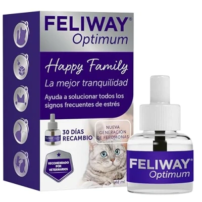 Imagen de FELIWAY Optimum Nueva Generación de Feromonas Soluciona Todos los Signos estrés del Gato Arañazos, miedos, Cambios, marcaje con orina, tensiones y conflictos Entre Gatos Recambio 48ml