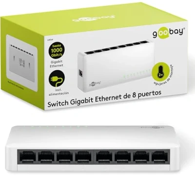 Imagen de Goobay 64564 Conmutador de red Gigabit Ethernet 8 puertos / Switch LAN con máx. 1000 Mbit/s Diseño sin ventilador plug &amp; play Distribuidor datos optimizado