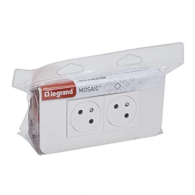 Imagen de LEGRAND Toma doble de pared precableada con Terre Mosaic Surface Link 45 2P+T + caja empotrar placa acabado Fabricado en Francia Blanco