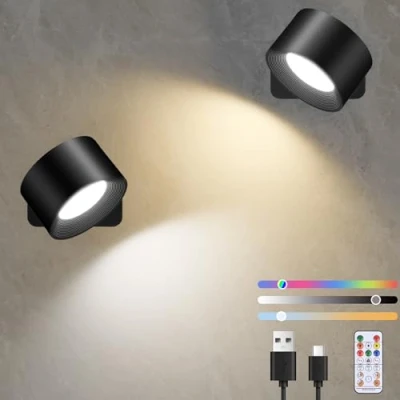 Imagen de Diealles Shine Aplique Pared Interior 2 Piezas, Lampara USB C Recargable, Apliques de Regulables Sin Taladrar, 360 Giratoria, Control Táctil y Mando a Distancia, 19 RGB colores (Negro)