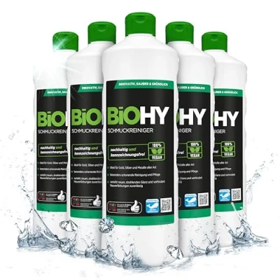 Imagen de BiOHY Limpiador de joyas (6 botellas 1 litro) Fórmula brillo activo Limpieza sostenible y suave para relojes, gafas, metales preciosos (Schmuckreiniger)
