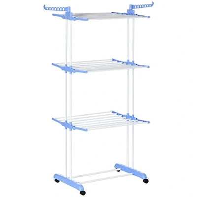 Imagen de HOMCOM Tendedero Plegable para Ropa con Ruedas Vertical de Acero Tipo Torre 3 Niveles Alas Plegables y Colgadores Giratorios Carga 70 kg 73x64x177 cm Azul Blanco