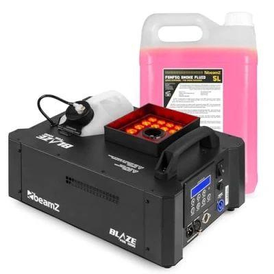 Imagen de BeamZ BLAZE1200 Máquina de humo CO2 1200W con LEDs RGBA, control DMX 8 canales, disparo vertical y horizontal, mando inalámbrico por cable, depósito 2800ml, 5L incluidos