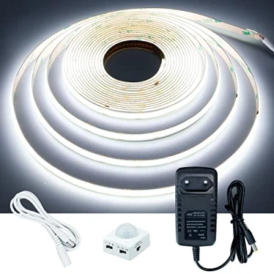 Imagen de GOMING Sensor de Movimiento COB LED Tira Luz 5M Blanco Frío 6000K con Adaptador Corriente para Armarios Cocina,Escalera,Escaparate,Dormitorio,Cama