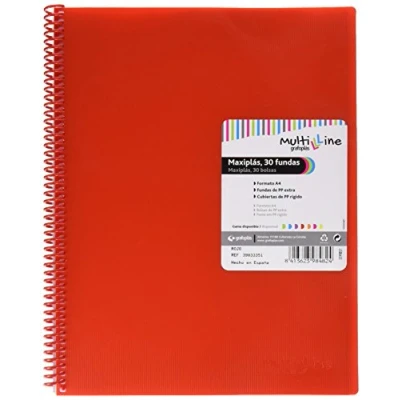 Imagen de Grafoplás Carpeta Espiral con 30 Fundas Transparentes A4 Color Rojo PVC Tapas Polipropileno Gomas de Cierre Maxiplás Multiline