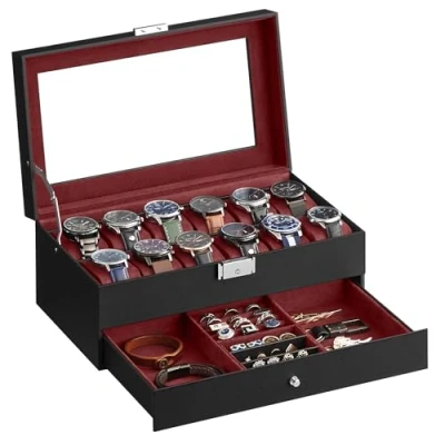 Imagen de SONGMICS Caja de Reloj, Estuche Reloj con Tapa Cristal 2 Niveles para 12 Relojes, Cerradura, 1 Cajón, Anillos Pulseras, Regalo Ideal, Cuero Sintético Negro y Forro Rojo JWB012R01