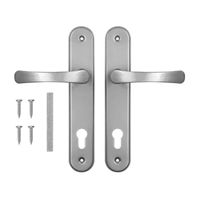 Imagen de ADGO Juego de Manijas Puerta para Una Incrustación 90 mm Bizcocho, Mango Aluminio, Escudo Acero Galvanizado con Recubrimiento en Polvo, Izquierda y Derecha, Tornillos Montaje, Plata