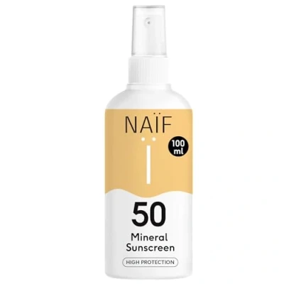 Imagen de Naïf Spray protector solar mineral para toda la familia FPS 50 sin microplásticos, aceites minerales ni siliconas Protección UVA y UVB Dermatológicamente testado Vegano 100ML