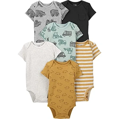 Imagen de Simple Joys by Carter&#039;s Short Sleeve Bodysuit Body, Construcción/Oso/Rayas/Rinoceronte, Prematuro (Pack de 6) bebés niños