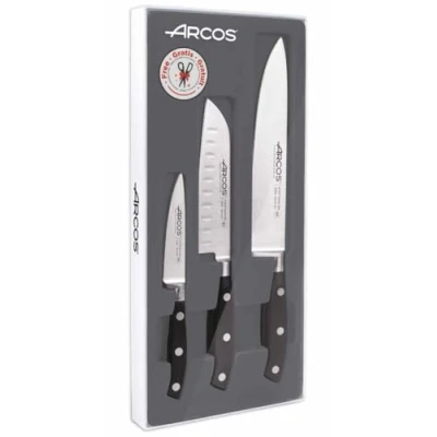 Imagen de Arcos Set Cuchillos Forjados 3 piezas en Acero Inoxidable Nitrum y Hoja mm. 729 gr. Pequeño ligero. Mango ergonómico Polioximetileno POM. Serie Riviera. delgada con filouave. Color negro.