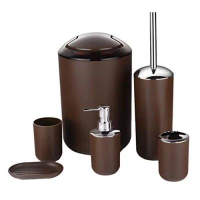Imagen de MisFox Set de 6 Accesorios para el Cuarto Baño con Dispensador Jabón, Cubo Basura, Soporte Cepillo Dientes, Taza y Jabonera Marrón