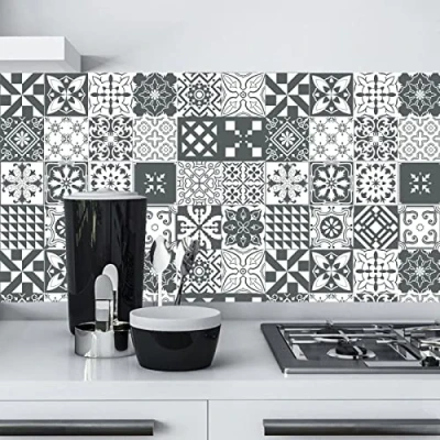 Imagen de Azulejos Adhesivos Cocina 15X15 Gris Oscuro Blanco Vinilos para Baños Losetas Vinilo Paredes Suelo Autoadhesivo Cocina(20p)