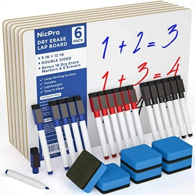 Imagen de Nicpro 6 Piezas A4 pizarra blanca, Pequeño Tablero Blanco 22 x 30 cm Doble Cara con 18 Rotulador y Borrador para Niño Alumno Colegios, Oficinas