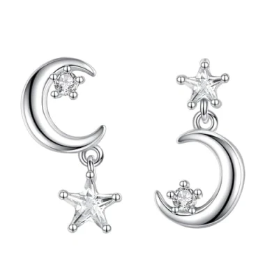 Imagen de Belons pendientes para mujer de Plata ley 925 con Circonita cúbica, estrella y luna, colgantes mujeres niñas, Circonia cúbica